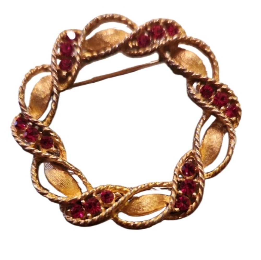 Vintage Signed J&j Elegant Gold and Red Rhinestone Wreath Brooch